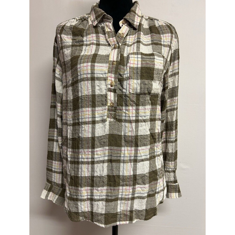Anthropologie Womens Small Shirt Plaid Long Sleeve Half Button Up Collar